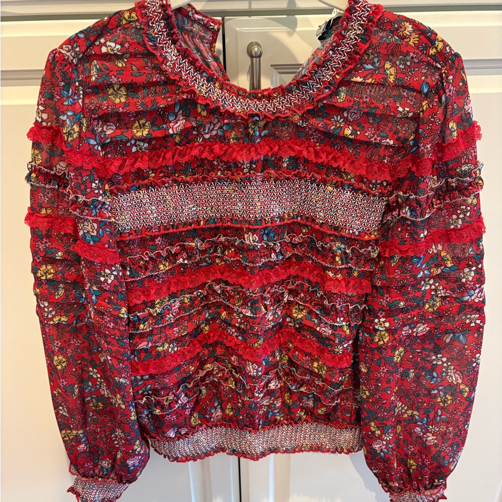 Ranna Gill Red Floral Ruffle Tunic